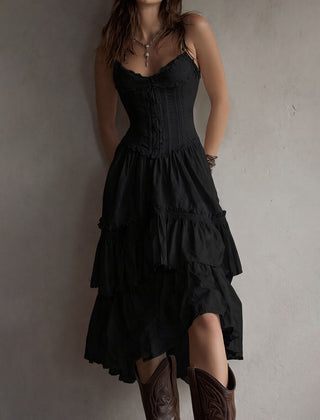 Christine Brewer retro boho corset tiered midi dress with lace trim, featuring a vintage-inspired silhouette and layered fabric design.