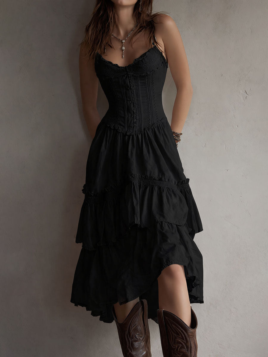 Christine Brewer retro boho corset tiered midi dress with lace trim, featuring a vintage-inspired silhouette and layered fabric design.