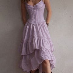 Christine Brewer retro boho corset tiered midi dress with lace trim, featuring a flowing silhouette and vintage-inspired design.