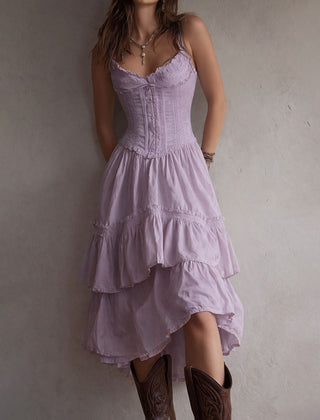 Christine Brewer retro boho corset tiered midi dress with lace trim, featuring a flowing silhouette and vintage-inspired design.