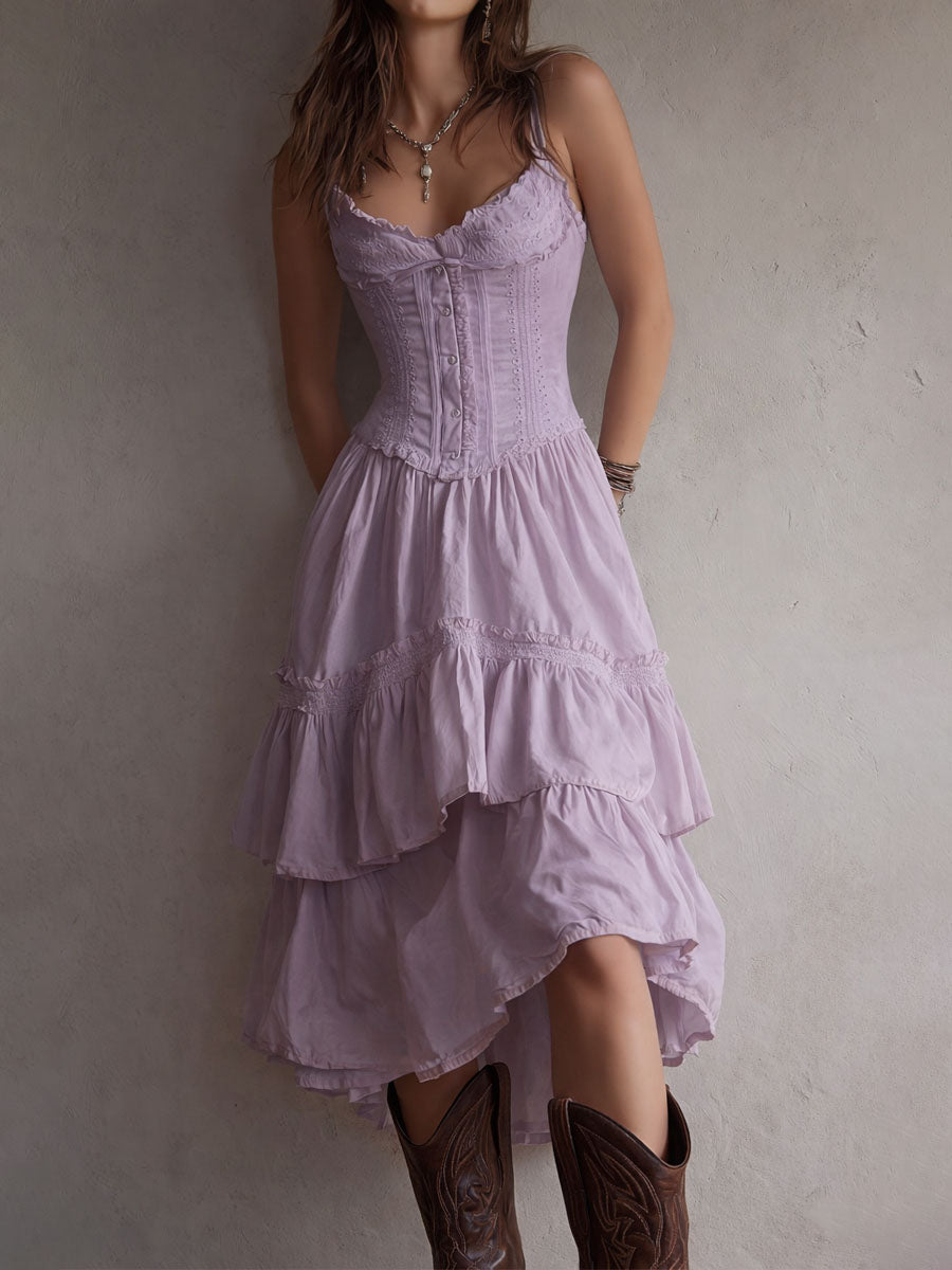 Christine Brewer retro boho corset tiered midi dress with lace trim, featuring a flowing silhouette and vintage-inspired design.