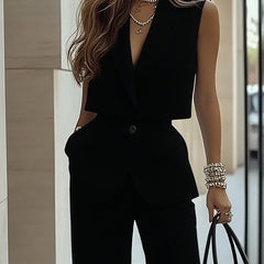 Light blue sleeveless two-piece trouser set with patch pockets for women by Christine Brewer, shown on a model.