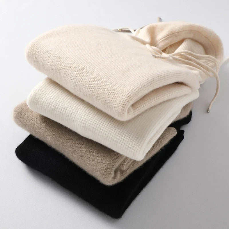 Christine Brewer Claudia cashmere hoodie for women, cream-colored, cozy, loose-fit, with drawstrings, perfect for autumn and winter wear.
