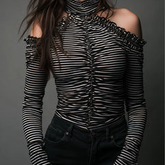 Black striped high neck cold-shoulder ruched T-shirt by Christine Brewer, featuring long sleeves and a fitted silhouette.