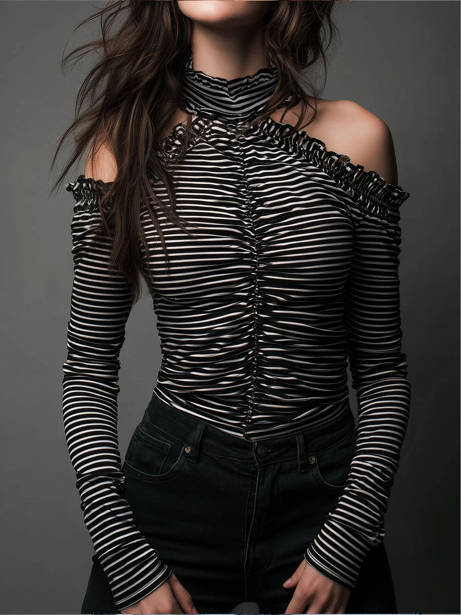 Black striped high neck cold-shoulder ruched T-shirt by Christine Brewer, featuring long sleeves and a fitted silhouette.