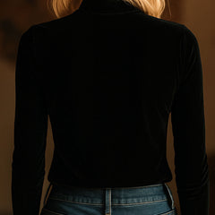 Black velvet long sleeve V-neck top with embroidered details by Christine Brewer, showcasing a stylish and elegant design.