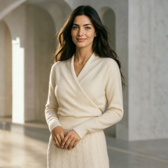 Helen cashmere sweater for women by Christine Brewer, soft beige knit with long sleeves and a relaxed fit.