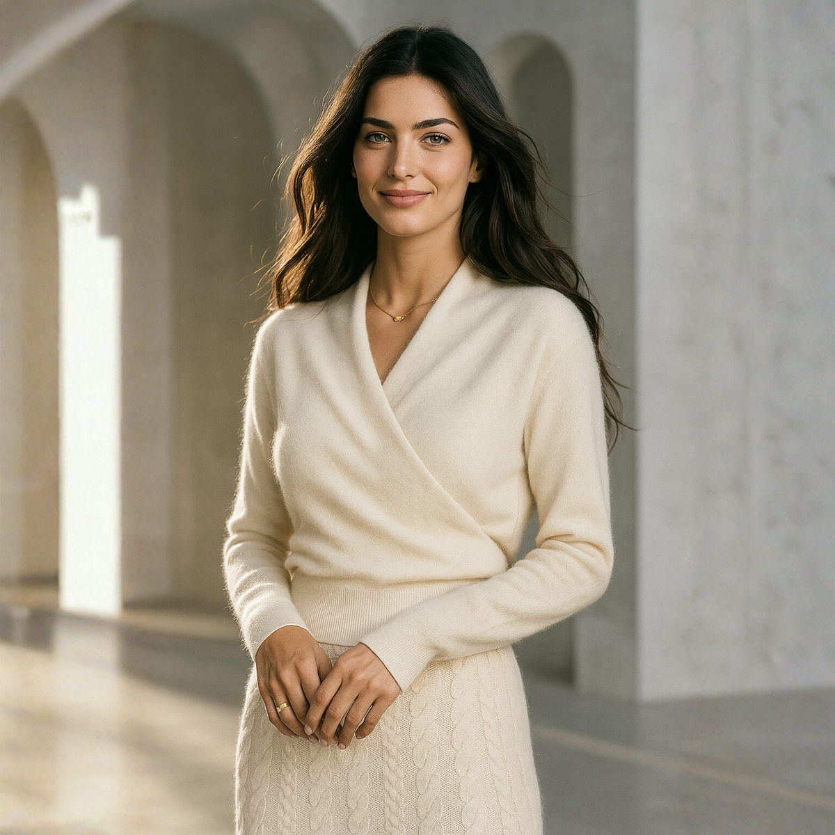 Helen cashmere sweater for women by Christine Brewer, soft beige knit with long sleeves and a relaxed fit.