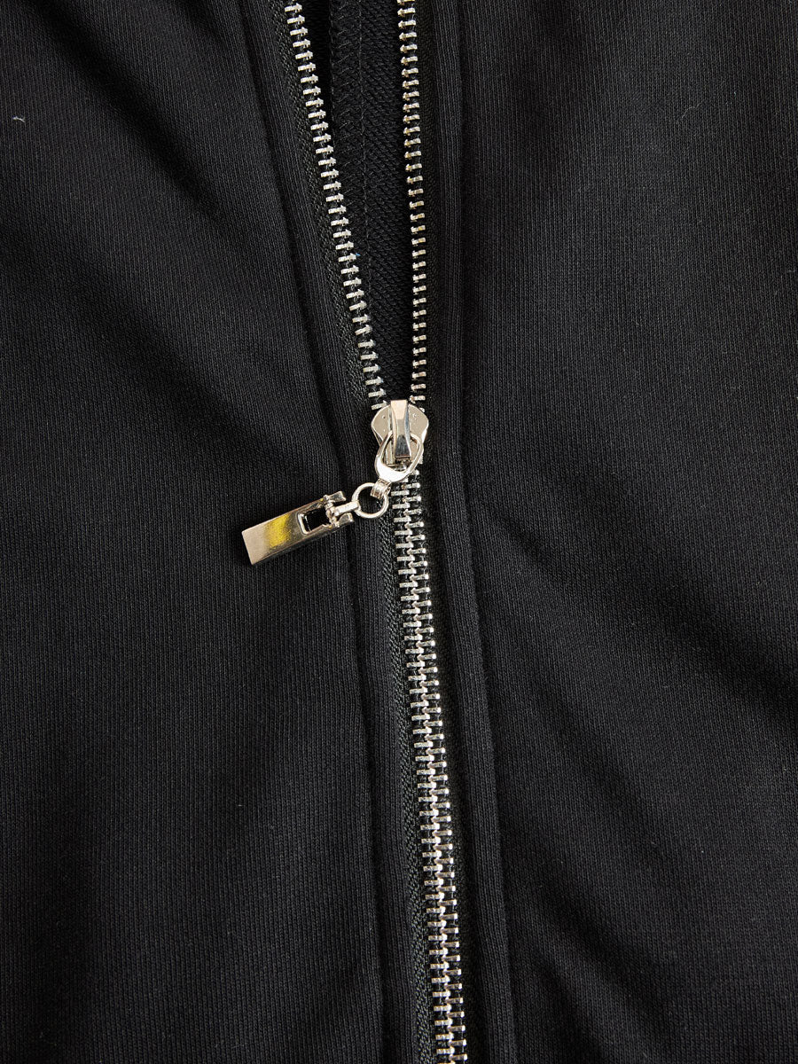 Black striped sleeveless hooded jumpsuit for women by Christine Brewer, featuring a stylish hood and wide-leg pants.