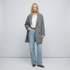Brown double-breasted wool coat for women by Christine Brewer, shown on a hanger with collar and button details.