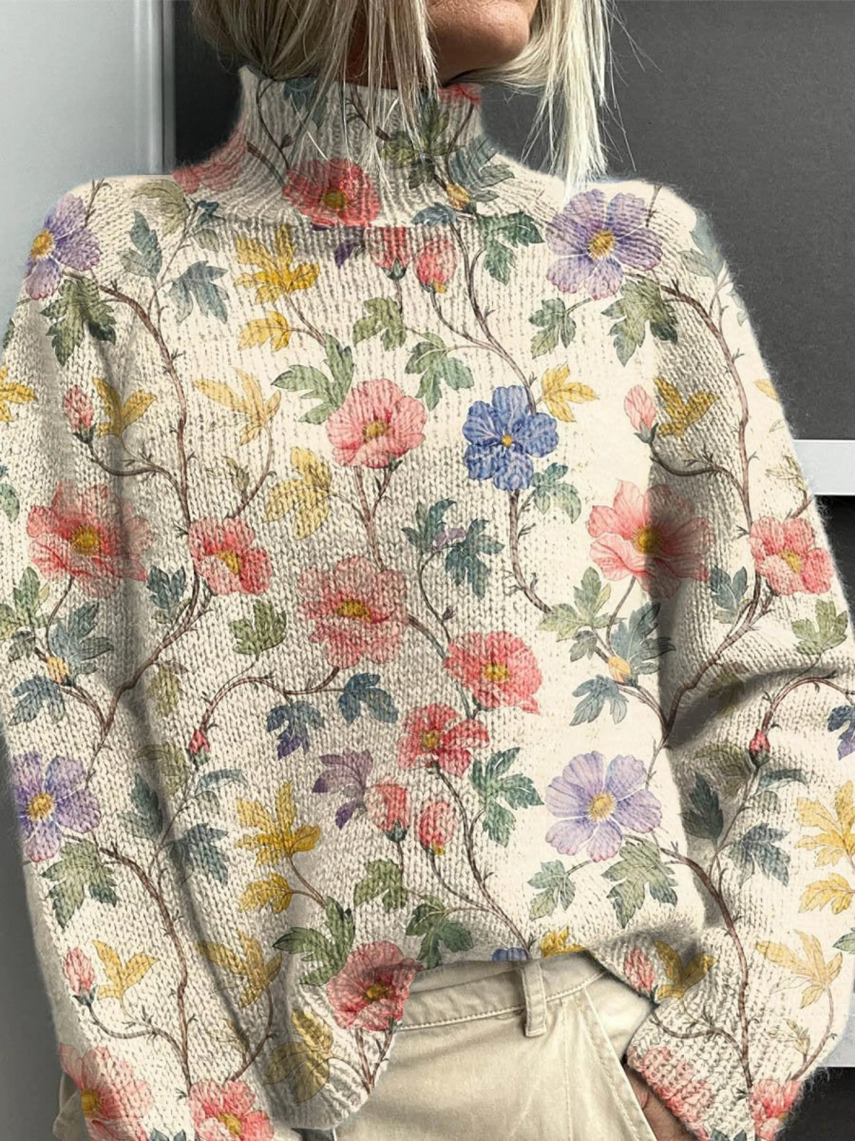 Christine Brewer Danielle women's turtleneck floral sweater, featuring a colorful floral pattern and cozy knit fabric.