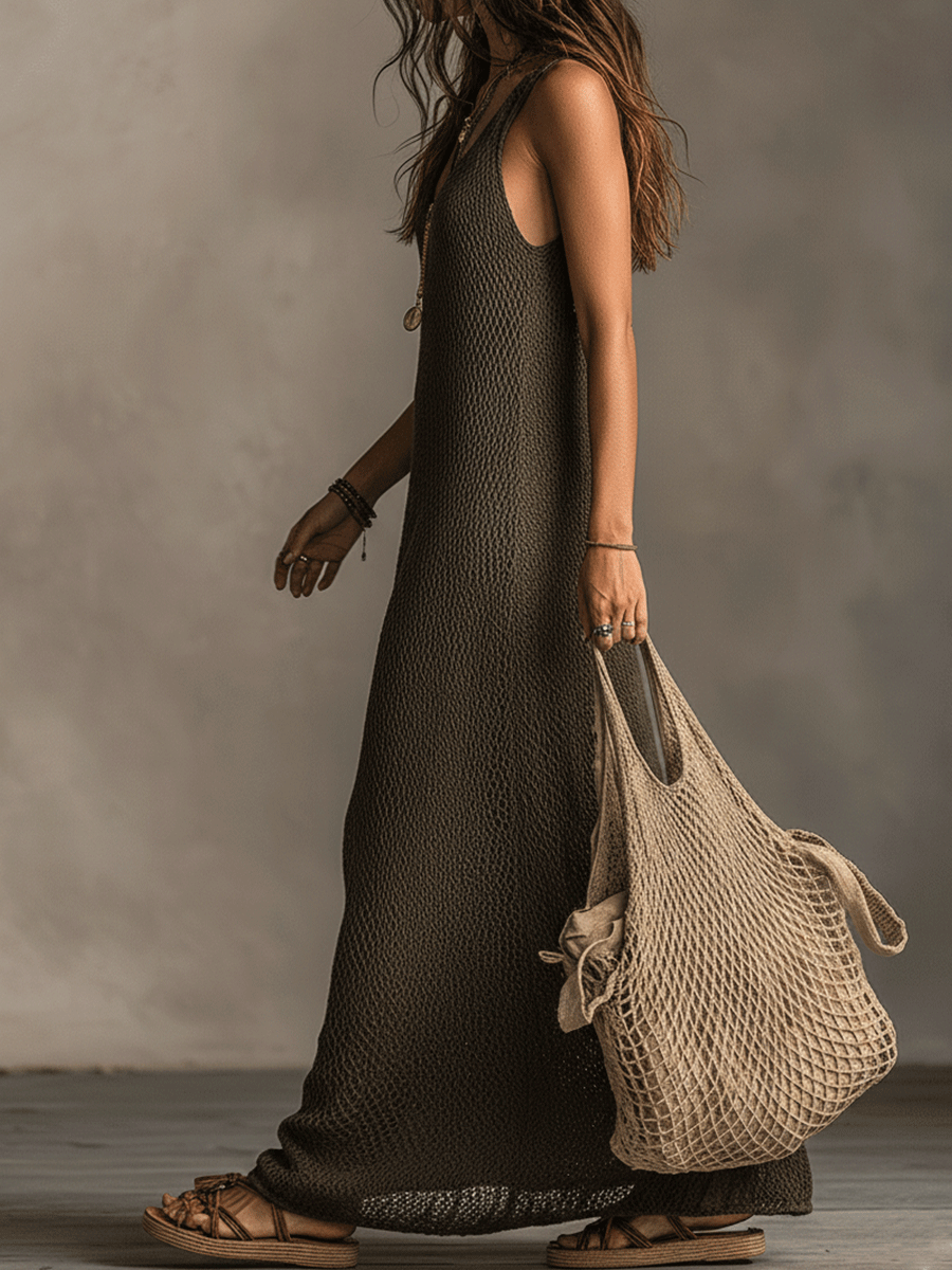 Olive green knit sleeveless maxi dress by Christine Brewer, casual style with a flowing silhouette and lightweight fabric.