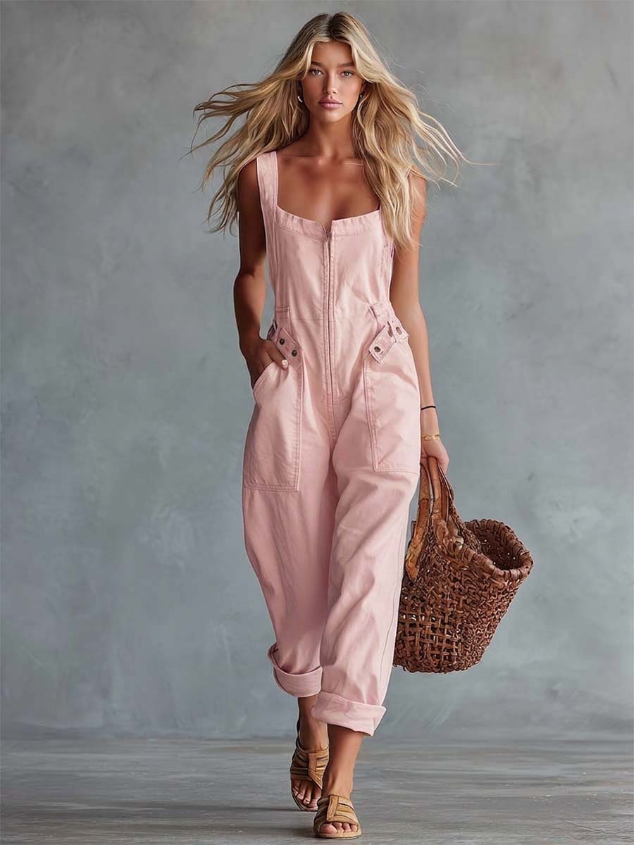 Light yellow denim jumpsuit for women with square neckline and zip front, by Christine Brewer.