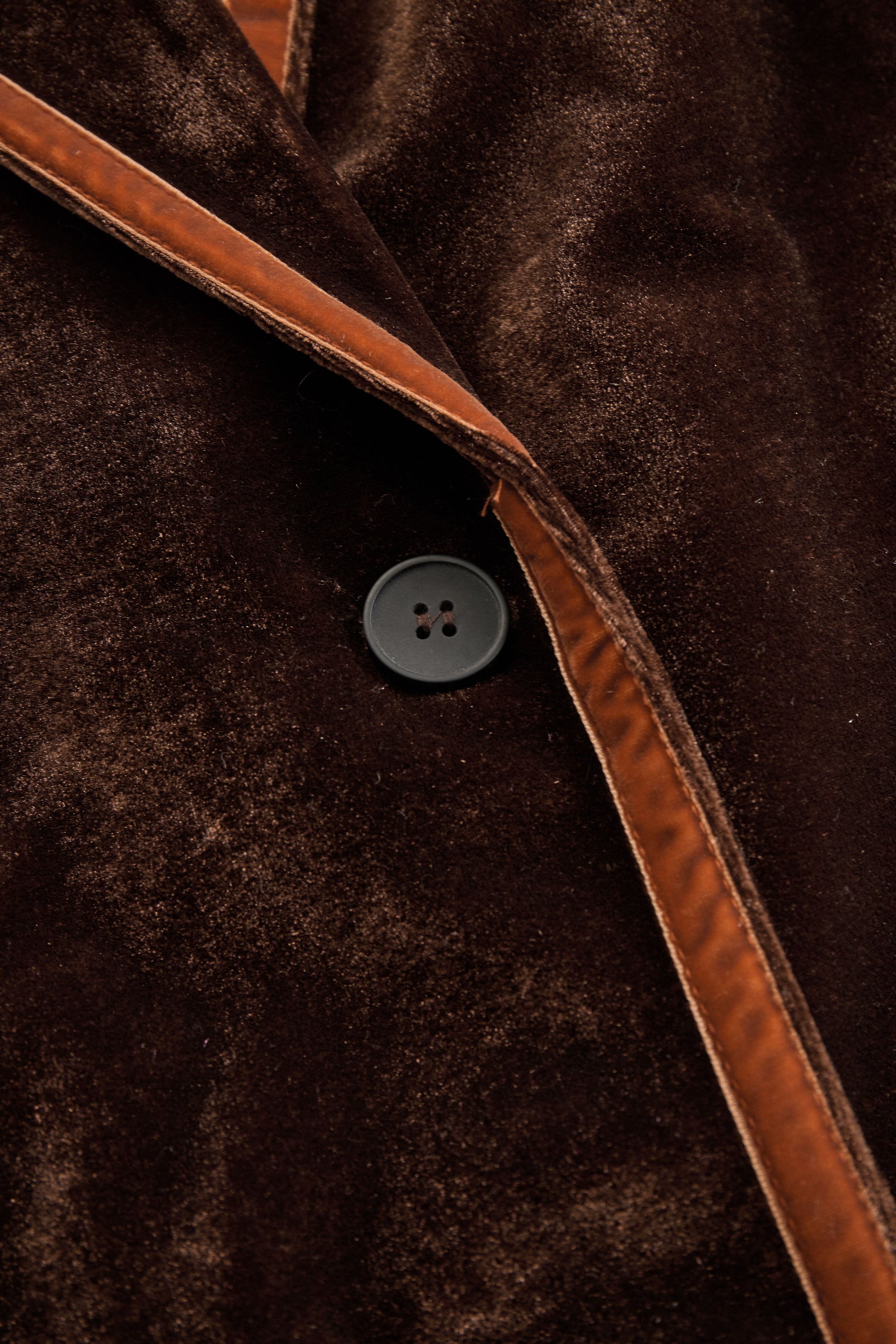 Brown velvet colour-block lapel coat with pockets by Christine Brewer, featuring a stylish design and tailored fit.