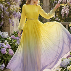 Long-sleeve high-waisted maxi dress with belt, contrast color gradient, pleated design, split-joint, and round neck by Christine Brewer.