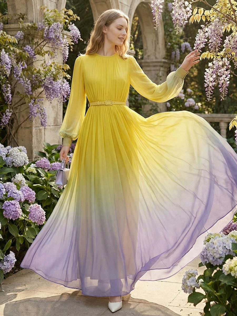 Long-sleeve high-waisted maxi dress with belt, contrast color gradient, pleated design, split-joint, and round neck by Christine Brewer.
