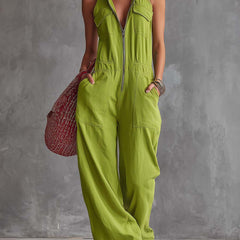 Bright green cotton linen women’s jumpsuit with zip-front, stylish and comfortable pants by Christine Brewer.