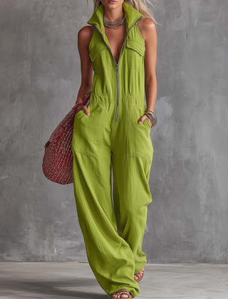 Bright green cotton linen women’s jumpsuit with zip-front, stylish and comfortable pants by Christine Brewer.