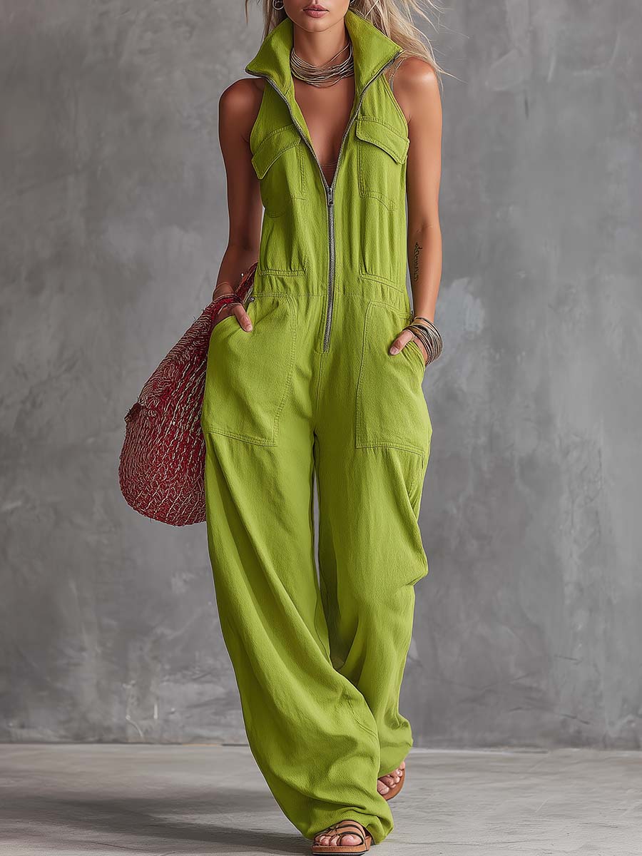 Bright green cotton linen women’s jumpsuit with zip-front, stylish and comfortable pants by Christine Brewer.