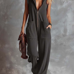 Raspberry red cotton hooded zip-front jumpsuit for women by Christine Brewer, featuring a relaxed fit and front zipper.