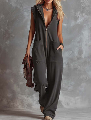 Raspberry red cotton hooded zip-front jumpsuit for women by Christine Brewer, featuring a relaxed fit and front zipper.