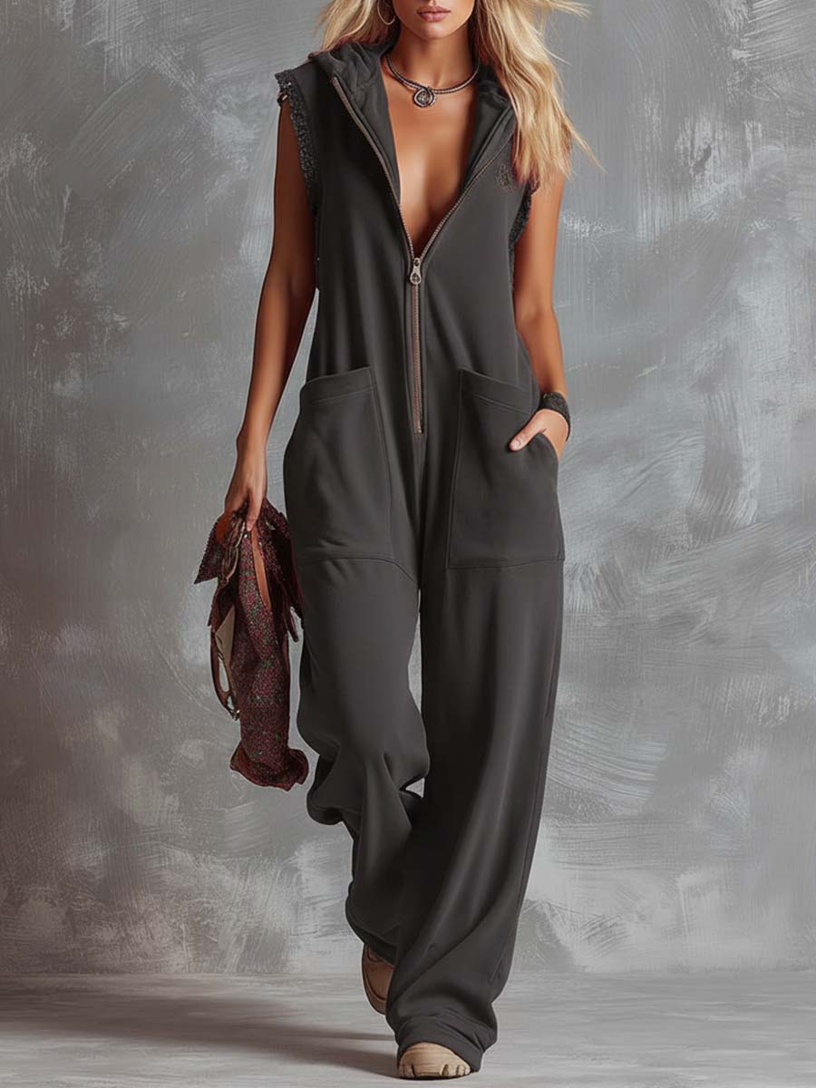 Raspberry red cotton hooded zip-front jumpsuit for women by Christine Brewer, featuring a relaxed fit and front zipper.