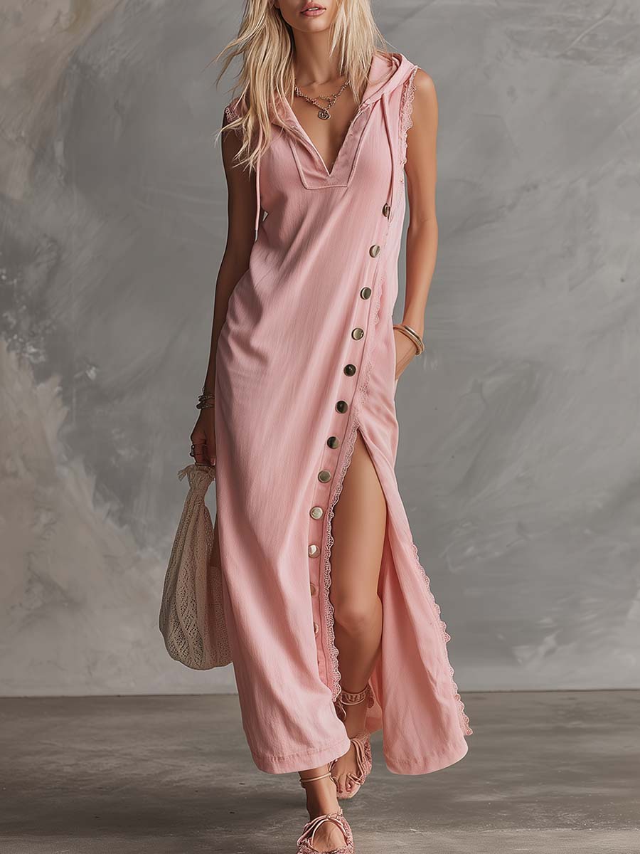 Pink lace V-neck midi dress by Christine Brewer, featuring intricate lace details and a fitted silhouette for elegant evening wear.