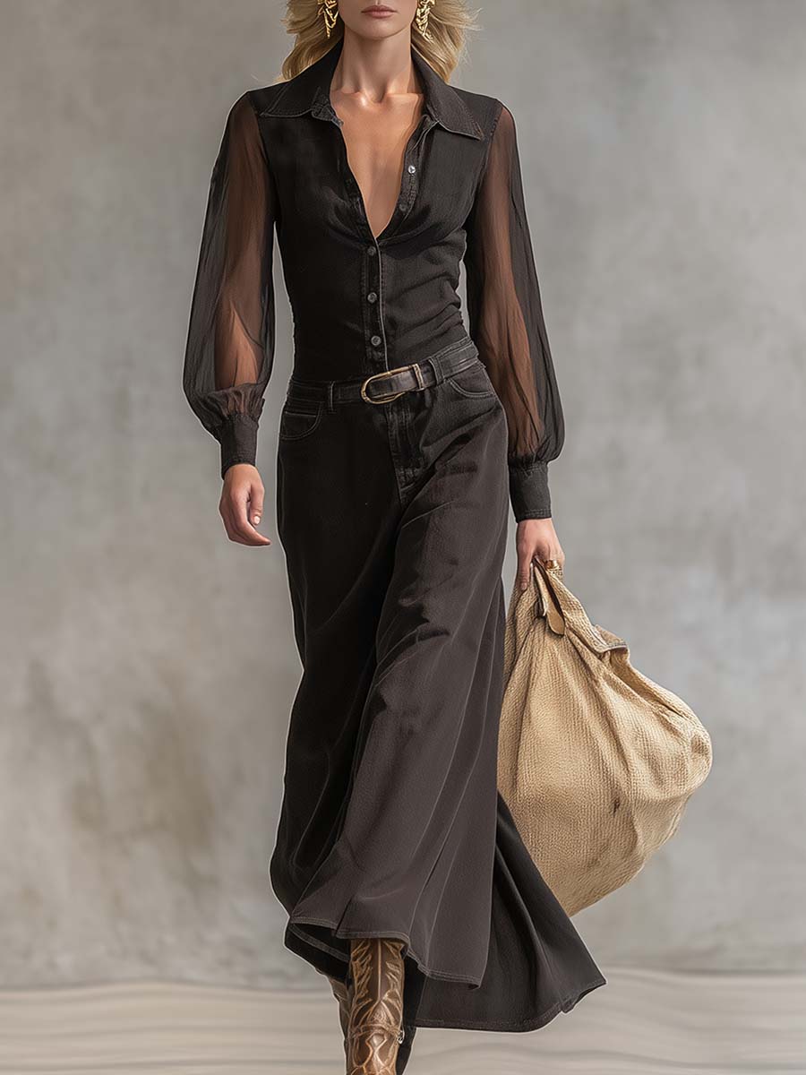 Black denim V-neck maxi dress by Christine Brewer, casual style, featuring a flowing long silhouette and V-shaped neckline.