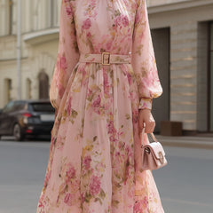 Blush floral chiffon A-line midi dress for women by Christine Brewer, featuring a flowy design and floral pattern.