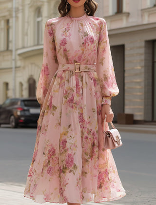 Blush floral chiffon A-line midi dress for women by Christine Brewer, featuring a flowy design and floral pattern.