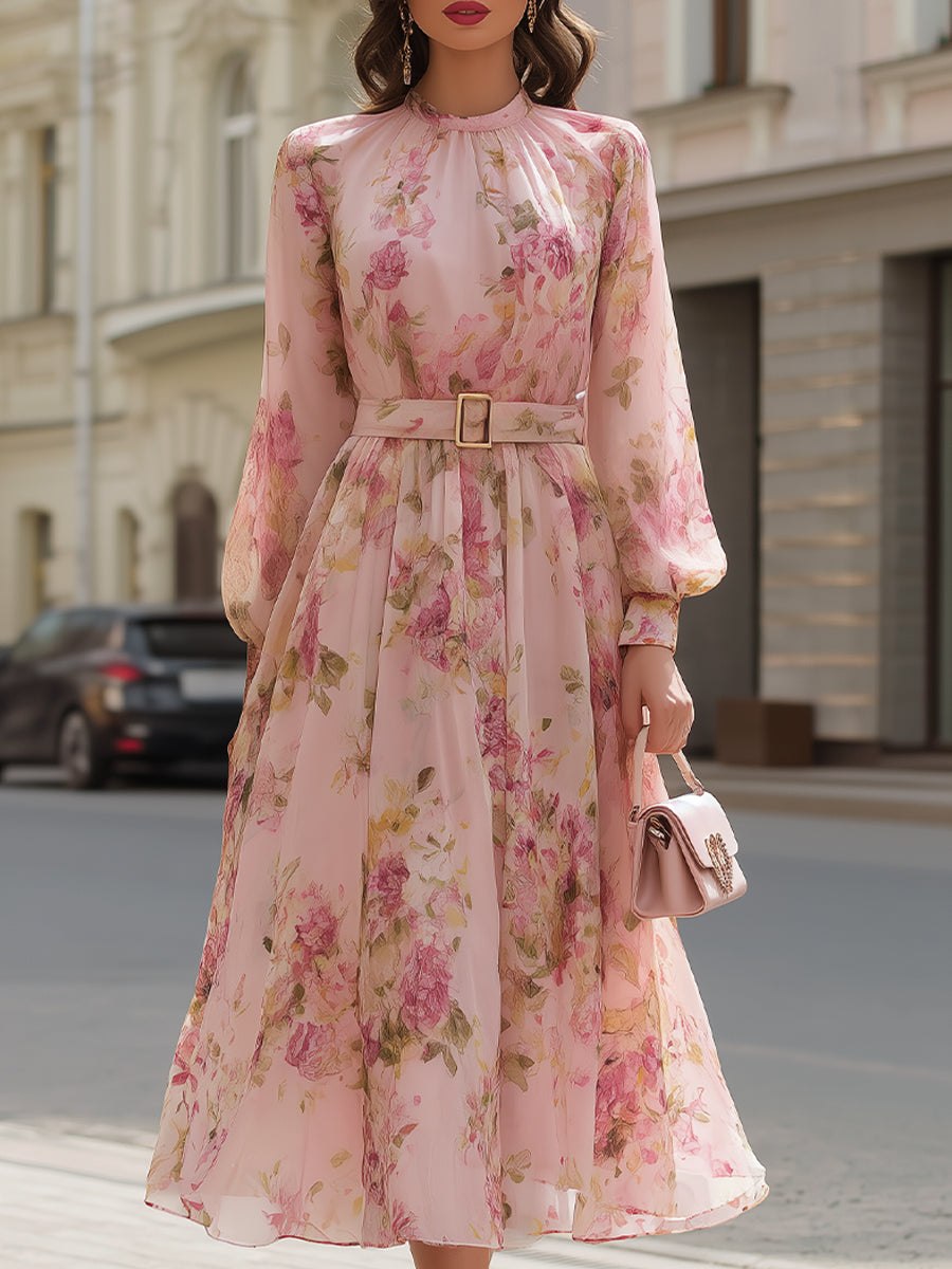 Blush floral chiffon A-line midi dress for women by Christine Brewer, featuring a flowy design and floral pattern.
