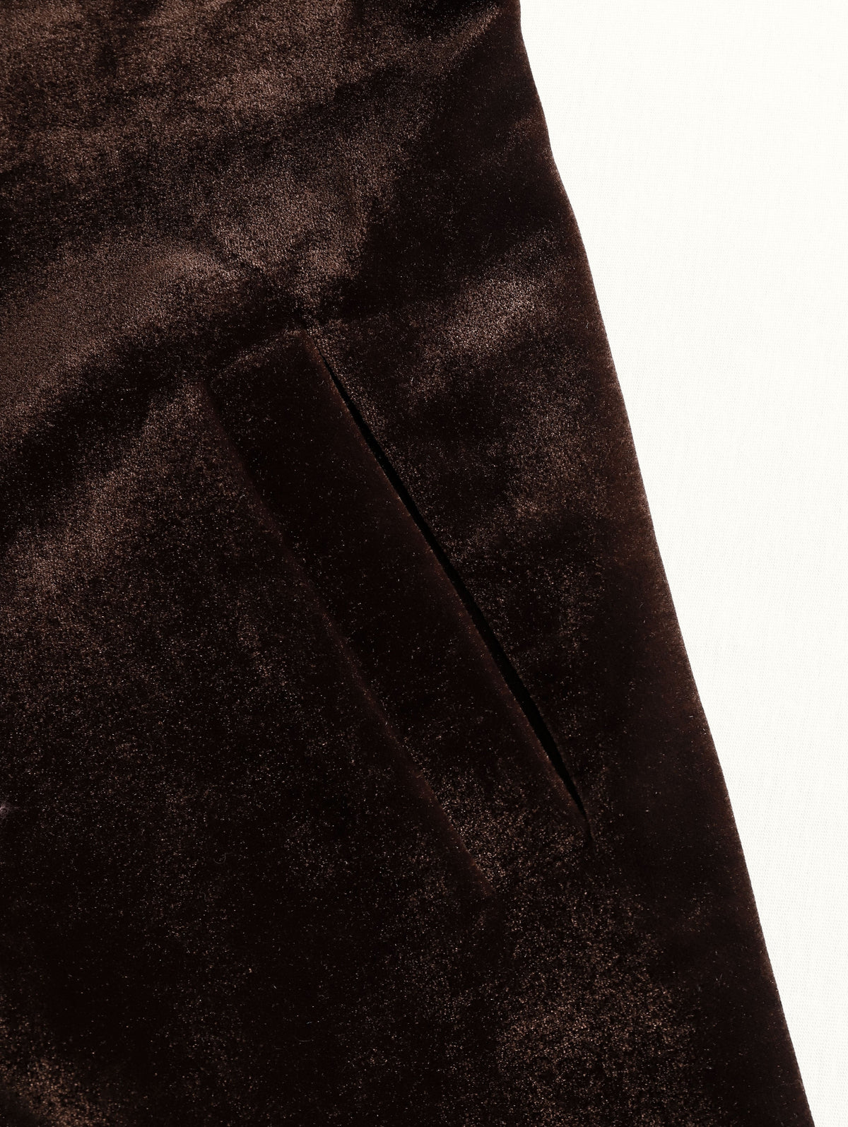 Brown velvet colour-block lapel coat by Christine Brewer featuring front pockets and a stylish tailored design.