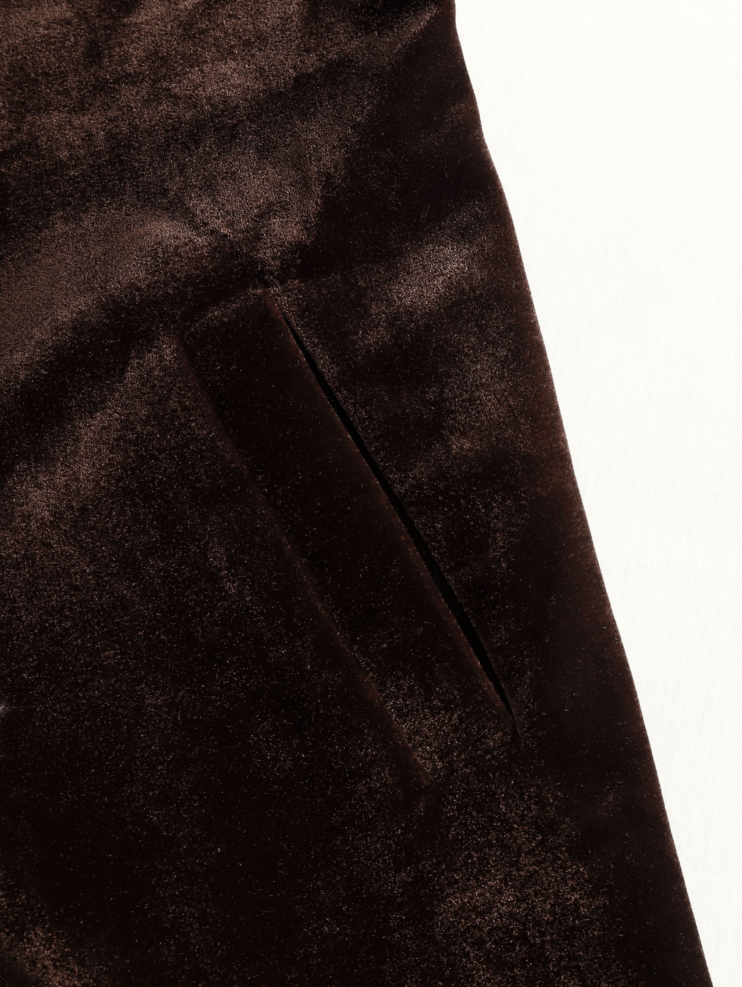 Brown velvet colour-block lapel coat by Christine Brewer featuring front pockets and a stylish tailored design.