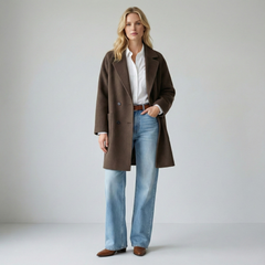 Brown double-breasted wool coat for women by Christine Brewer, featuring a stylish tailored fit and classic design.
