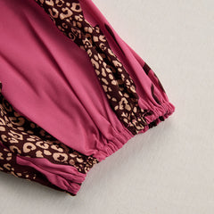 Rose red leopard print chiffon long sleeve jumpsuit for women, featuring stylish pants from Christine Brewer.