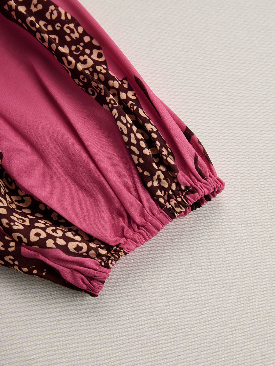 Rose red leopard print chiffon long sleeve jumpsuit for women, featuring stylish pants from Christine Brewer.