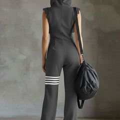 Black striped sleeveless hooded jumpsuit for women, stylish pants by Christine Brewer with a relaxed fit and casual design.