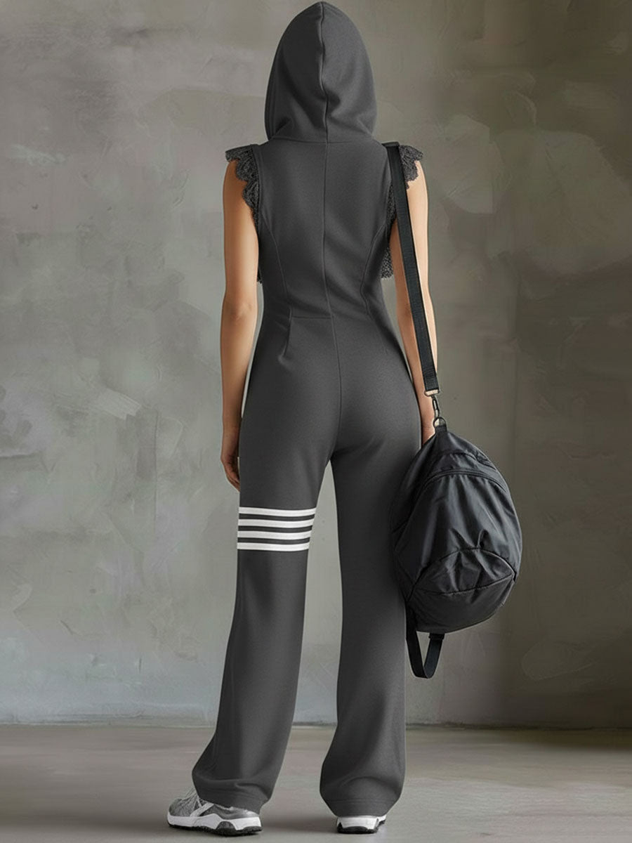 Black striped sleeveless hooded jumpsuit for women, stylish pants by Christine Brewer with a relaxed fit and casual design.