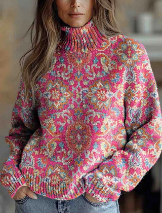 Everly turtleneck floral sweater for women by Christine Brewer, featuring a colorful floral pattern and cozy knit fabric.