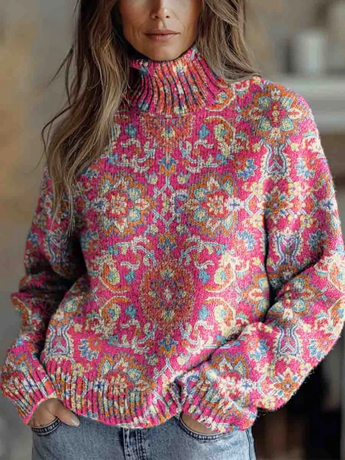 Everly turtleneck floral sweater for women by Christine Brewer, featuring a colorful floral pattern and cozy knit fabric.
