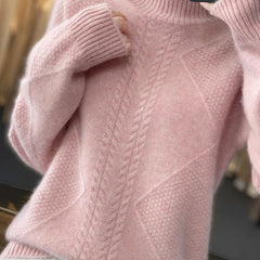 Christine Brewer Selena women's cable knit turtleneck sweater in a cozy, textured knit fabric, featuring a high turtleneck collar.