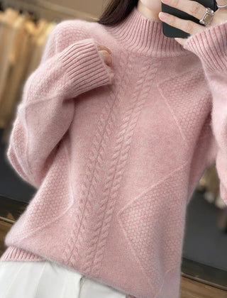 Christine Brewer Selena women's cable knit turtleneck sweater in a cozy, textured knit fabric, featuring a high turtleneck collar.