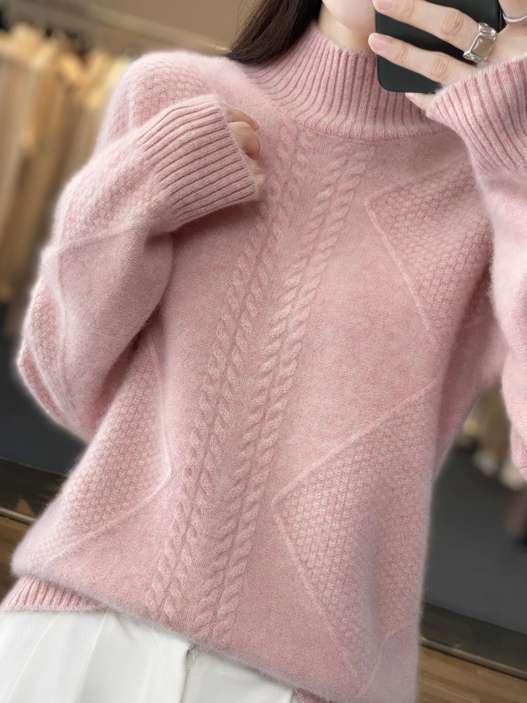 Christine Brewer Selena women's cable knit turtleneck sweater in a cozy, textured knit fabric, featuring a high turtleneck collar.