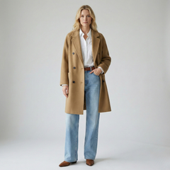 Brown double-breasted wool coat for women by Christine Brewer, featuring a tailored fit and classic design.