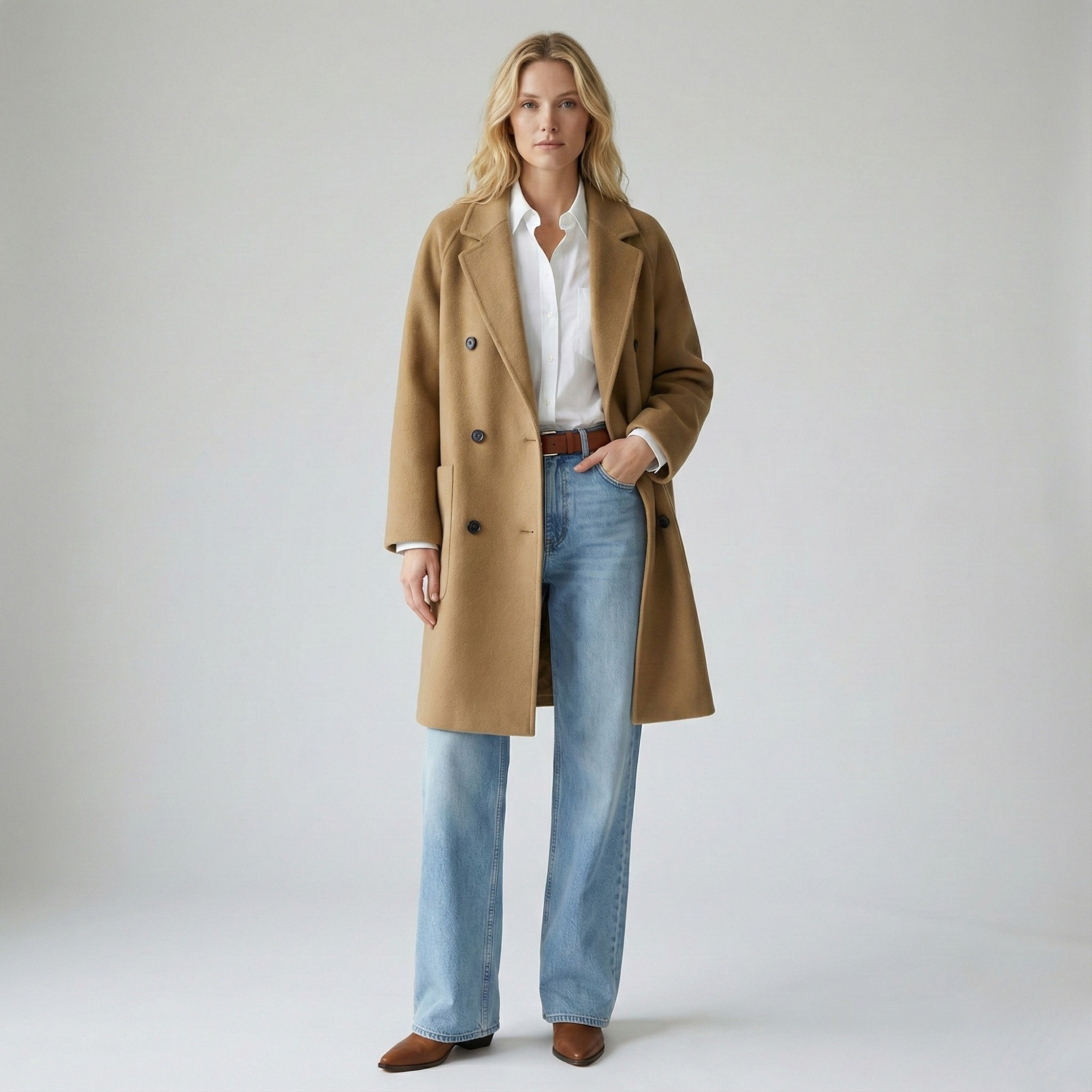 Brown double-breasted wool coat for women by Christine Brewer, featuring a tailored fit and classic design.