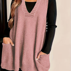 Kelly V-neck sleeveless knit sweater vest for women by Christine Brewer, shown in a soft, ribbed fabric with a relaxed fit.