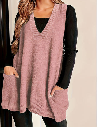Kelly V-neck sleeveless knit sweater vest for women by Christine Brewer, shown in a soft, ribbed fabric with a relaxed fit.