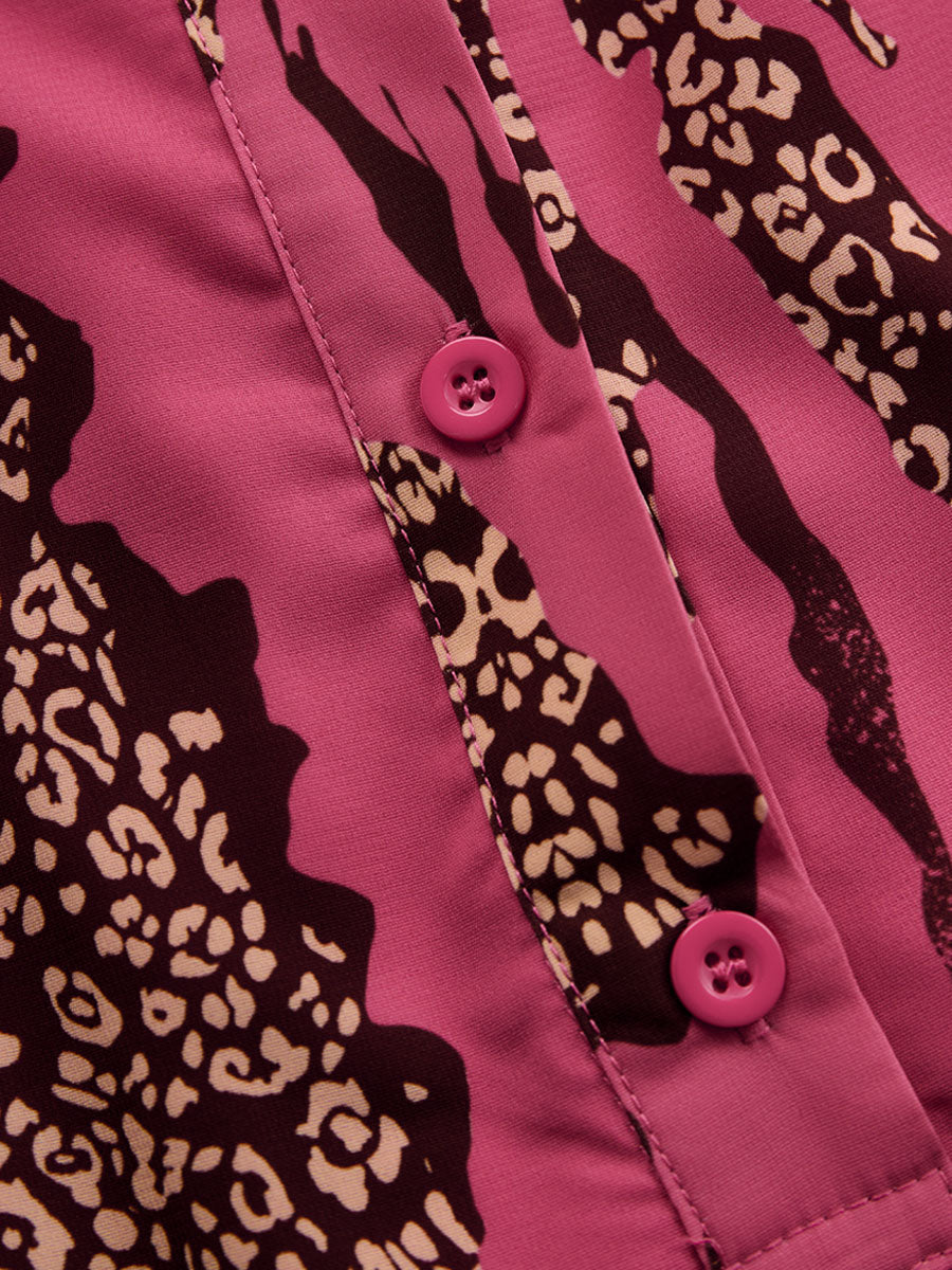 Rose red leopard print chiffon long sleeve jumpsuit for women, stylish pants by Christine Brewer, with flowy fabric and fitted waist.