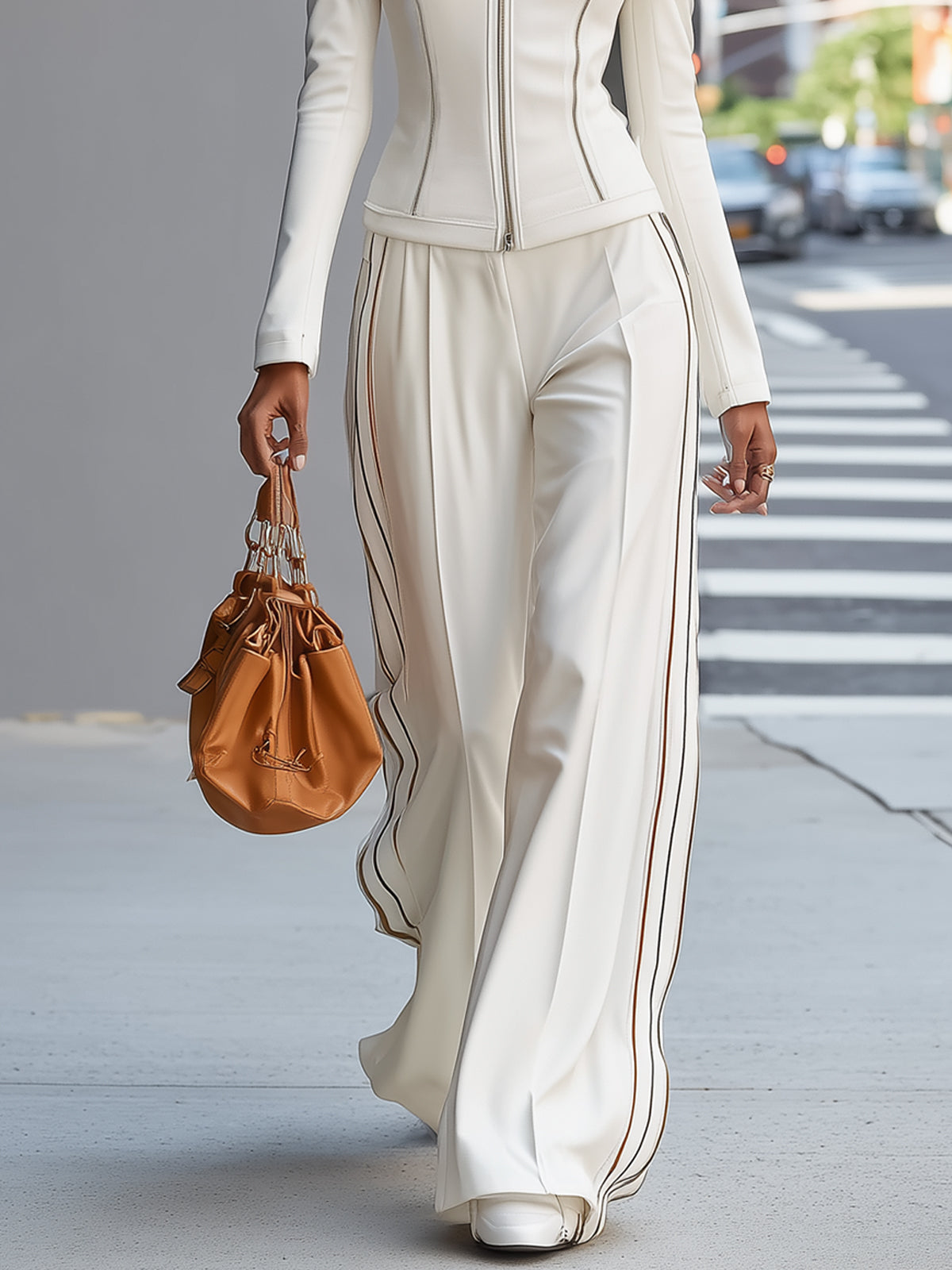 White stand collar zip-up wide-leg pants suit for women by Christine Brewer, featuring tailored trousers and a matching top.