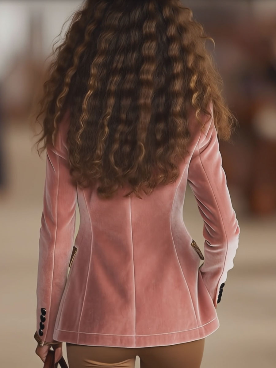 Pink velvet leopard print blazer with one button from Christine Brewer, stylish jacket featuring a tailored fit and bold pattern.